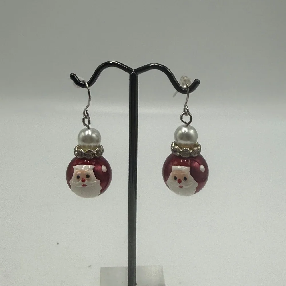 Santa Claus Christmas Drop Earrings Red Polka Dot Faux Pearl Holiday Jewelry